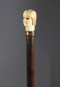 Antique Carved Head of a Gentleman with Glass Eyes Walking Stick, 18th Century