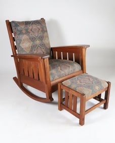 Branded Stickley Upholstered Rocker and Stool