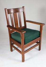 Arts and Crafts Mission Oak Armchair with Green Cushion