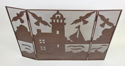 Copper Nautical Lighthouse and Sailboats Folding Fire Screen