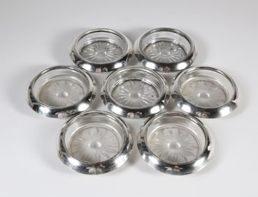 Set of 7 Sterling Silver and Crystal Coasters