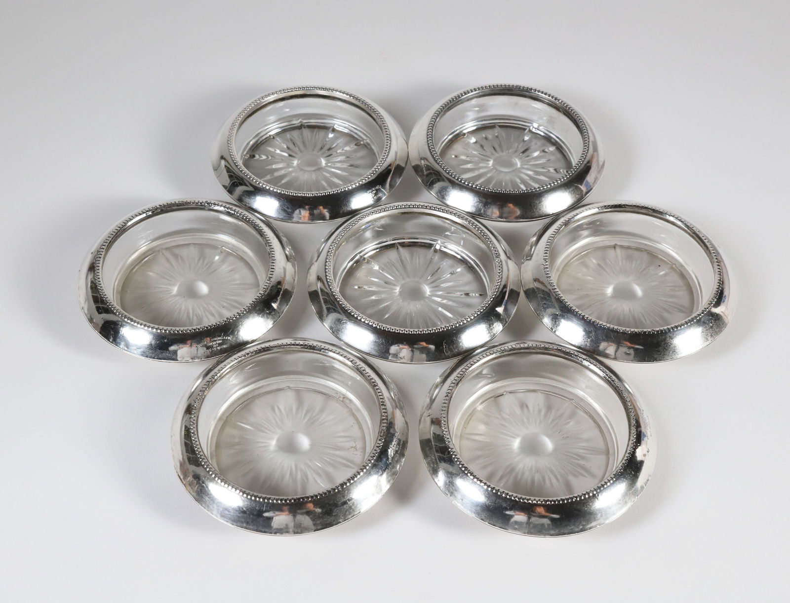 Set of 7 Sterling Silver and Crystal Coasters: Set of 7 Sterling Silver and Crystal Coasters Diameter 3.75 in.