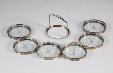Sterling Silver and Glass Coaster Set in Carrying Caddy