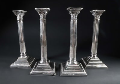 Set of Four Antique Sheffield Classical Corinthian Column Candlesticks