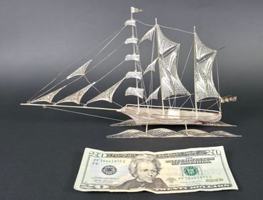925 Sterling Silver Filigree Three Master Clipper Ship Model, 20th century