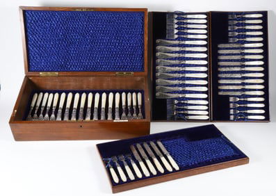 63 Piece Mother of Pearl Handled and Engraved Sheffield Silver Flatware Service