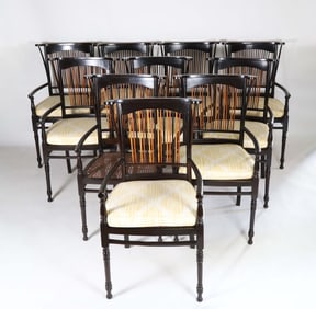 Set of Ten Contemporary Ebonized Multiple Slat Back Dining Chairs with Cushions