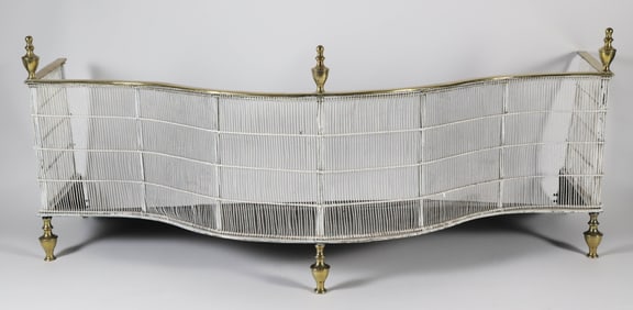 Serpentine Brass and Wire Fireplace Fender with Turned Brass Finials and Feet, 18th Century