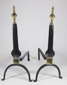 Pair of Antique Brass and Cast Iron Knife Blade Andirons with Finial Tops