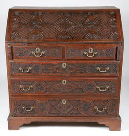 English Oak Profusely Carved Slant Front Desk, 19th Century