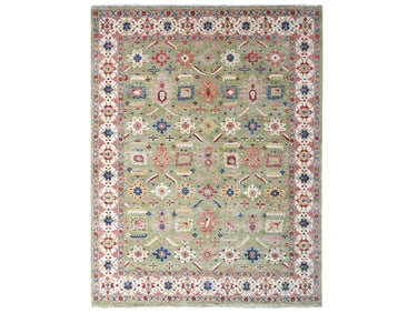 Eton Green and Decorator White Vegetable Dyed Hand Knotted Wool Oriental Carpet