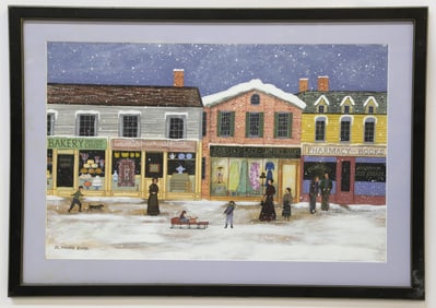 Jan L. Munro Mixed Media "Winter on Main Street, Nantucket", circa 2012