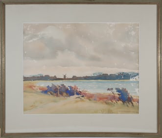 Edgar W. Jenney Watercolor on Paper "View Nantucket Pond and Windmill"