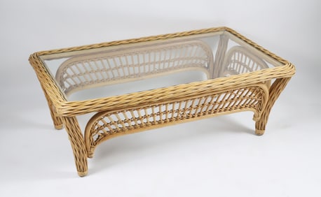 Maguire or Paleck Style Rattan Glass Top Coffee Table
