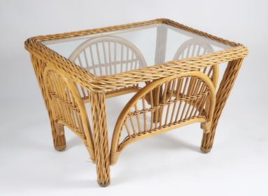 Maguire or Palecek Style Rattan Glass Top Coffee Table