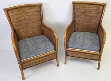 Pair of Custom Bamboo Rattan Woven Easy Chairs, 20th century