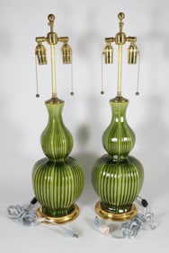 Pair of Green Glazed Gord Shaped Lamps Retailed by Christopher Spitzmiller Inc.