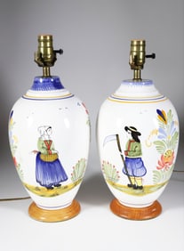 Pair of Signed French Quimper Ceramic Decorated Lamps