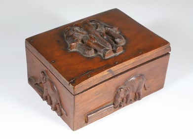 Vintage Folk Art Lift Top Box with Carved Elephant Motifs on Five Sides