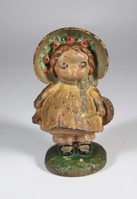Vintage Painted Cast Iron Bonnet Girl Doorstop