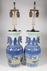 Pair of Chinese Canton Blue and White Porcelain Vases Mounted as Lamps