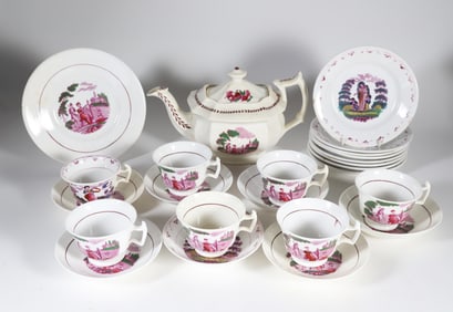 English Pink Lustre "Faith, Hope, and Charity" Tea Set, 19th Century
