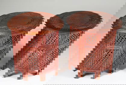 Pair of Teak Wood Brass Inlaid Side Tables