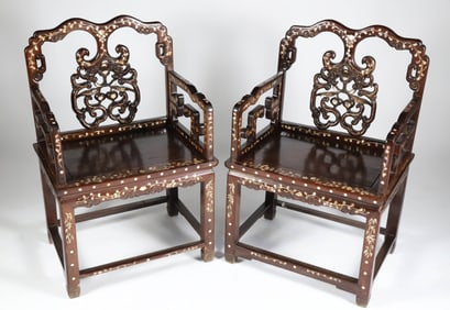 Pair of Chinese Mother of Pearl inlaid Teakwood Armchairs, 19th Century