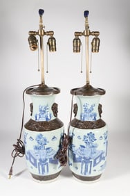 Pair of Chinese Blue and White Porcelain Vases Mounted as Lamps