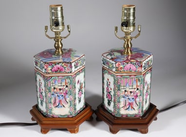 Pair of Vintage Rose Medallion Hexagonal Containers Mounted as Lamps