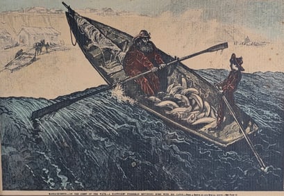 Rare Antique 19th C. Handcolored Nantucket Fisherman Engraving Illustration