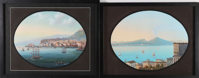 Pair of Vintage Neapolitan Gouache Depicting Active Harbor Scene and Mt. Vesuvius