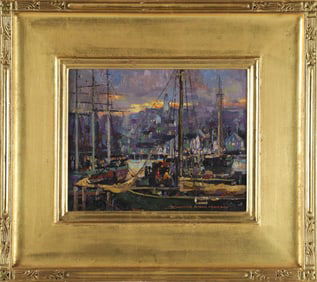 Donald Allen Moser "Moonlight Harbor Scene" Oil on Canvas