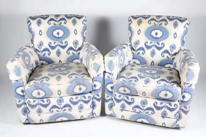 Pair of Lee Craftsmen Blue and White Batik Upholstered Swivel Club Chairs