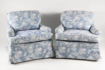 Pair of Blue and White Uphostered Skirted Club Chairs