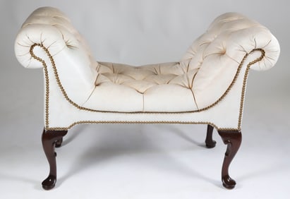White Tufted Leather Upholstered Window Bench with Brass Hobnail Details