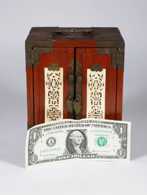 Vintage Miniature Chinese Teakwood and Brass Bound Jewelry Cabinet