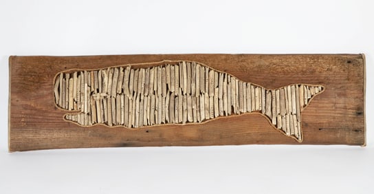 Folk Art Driftwood Fragments Sperm Whale on Plank