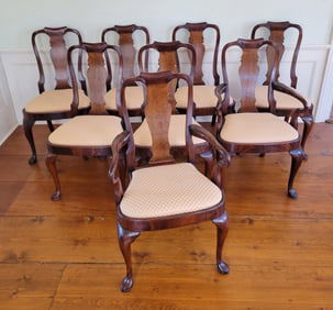 Set of Eight Queen Anne Mahogany and Burr-Walnut Shield-Back Dining Chairs