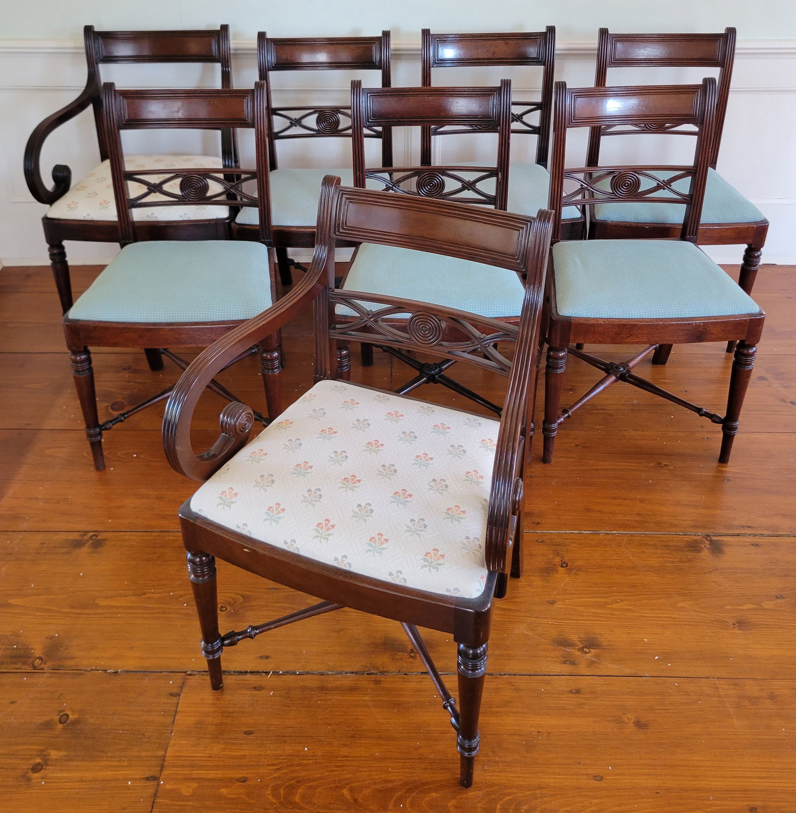 Set of Eight Late Georgian Mahogany Dining Chairs with Upholstered Slip Seats, 19th Century: Set of Eight Late Georgian Mahogany Dining Chairs with Upholstered Slip Seats, 19th Century, comprising two armchairs and six side chairs, reeded arms, carved back rests, turned and reeded legs, cross