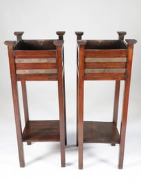 Pair of Mission Style Oak Planters with Shelf Stretcher