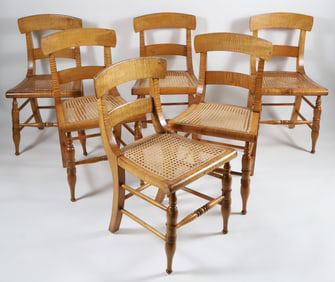 Set of Six American Tiger Maple Cane Seat Dining Chairs, 19th Century