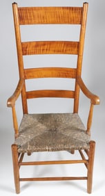 Early American Tiger Maple Ladderback Rush Seat Armchair, 19th Century