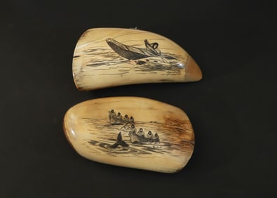 Two Eskimo Scrimshaw Mammoth Teeth