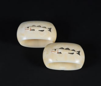 Pair of Eskimo Inuit Scrimshaw Antique Walrus Ivory Napkin Rings Depicting a Fish