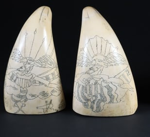 Pair of American Scrimshaw Antique Whale's Teeth, circa 1840