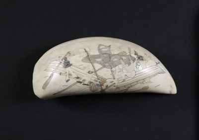 Polychrome Scrimshaw Whale Tooth "Stove Boat Aribus"