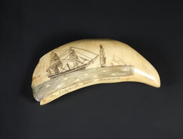 Robert Spring Polychrome Scrimshaw Whale Tooth "The Confederate Raider Shenandoah", circa 1969