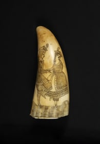 Scrimshaw and Stippled Polychrome Whale's Tooth "Elizabethan Couple", 19th Century