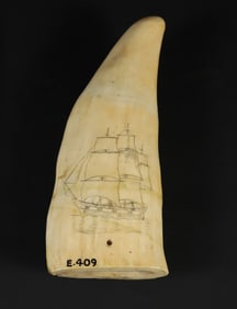 Scrimshaw Whale Tooth, "Folk Art Portrait of a Bark", 19th Century